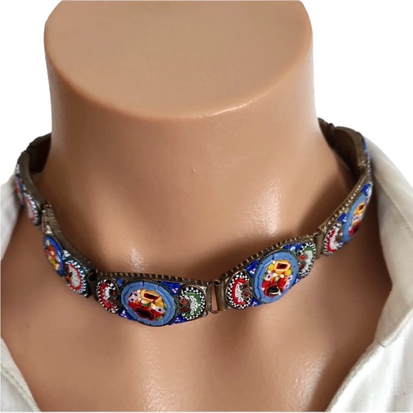 Antique Vintage Italy Micro Mosaic Statements Choker Necklace 15.5"L - Picture 2 of 4
